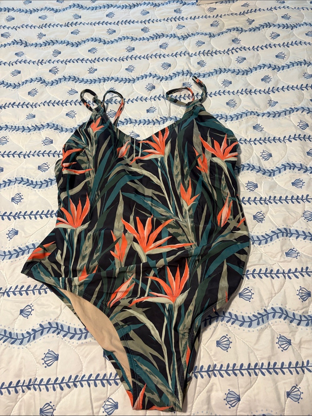 Floral Tropical Print Womens' One-Piece Swimsuit - Black with Orange & Green